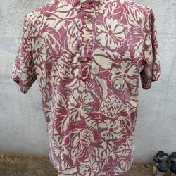 PreOwned Reyn Spooner Hawaiian Print Red/Beige 3/4 Button Men's M