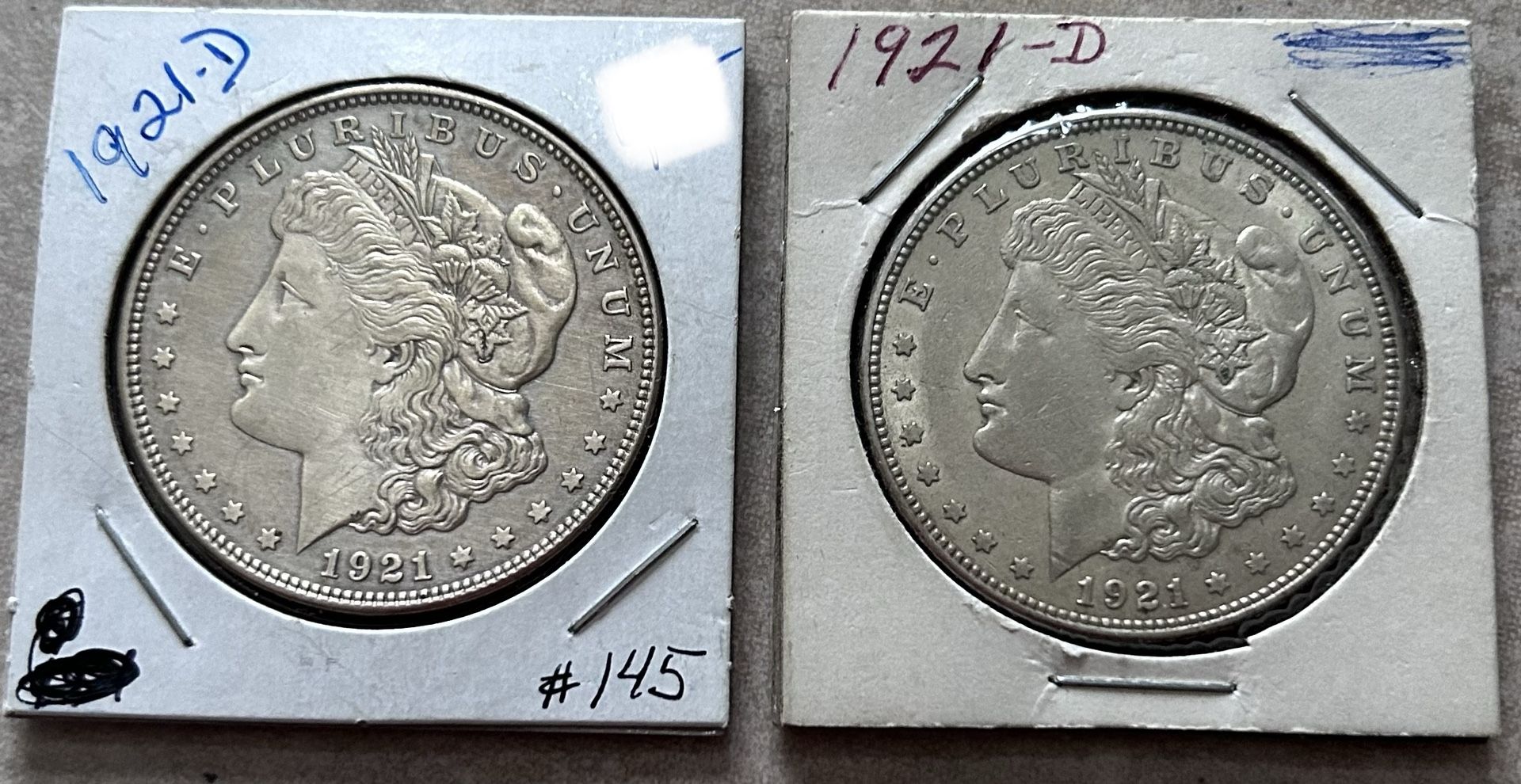 2 1921-D Morgan Silver Dollars