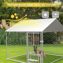Large outdoor kennel, heavy duty outdoor fenced dog cage with swivel feeder, outdoor dog playpen with waterproof UV protection cover and safety lock,6