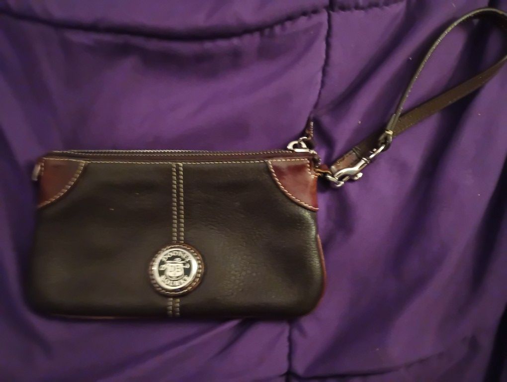 VINTAGE Dooney & Bourke Mini Purse Wristlet Brown Black LEATHER Zip Top Small 7 x 4.5