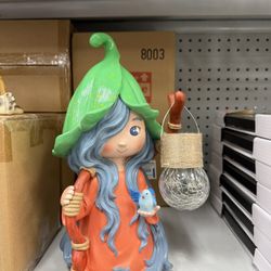 Gnome Girl Statue With Solar Panel Light