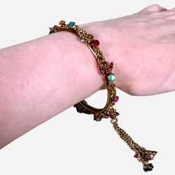 Gold Tone Metal Rhinestone Embellished w. Pendants Multicolor Bracelet