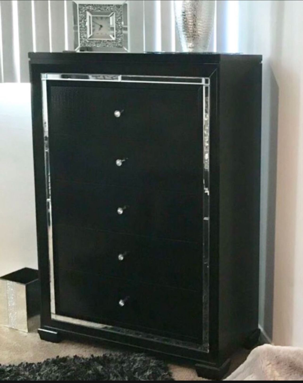 NEW Glam Black Crocodile Embossed Dresser Highboy / Mirror strips/ Bling knobs