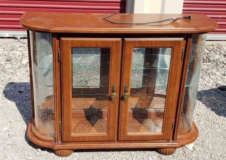 Wood Curved Glass Display Cabinet Side Stand - Lighted