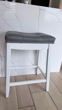 24” White Wood Bar Stool with Gray Tufted Seat (x2)