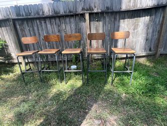 Set of 5 Industrial Wood and Metal Bar Stools