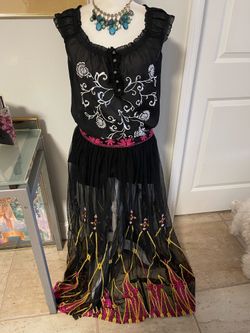 Complete Boho Outfit Black sheer top and Long Embroidered Skirt