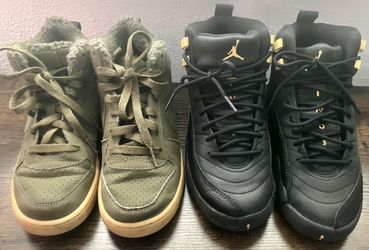 Kids Air Jordan 12 Retro Black Taxi & Nike Court Borough Mid Winter Sherpa Olive Canvas Boots