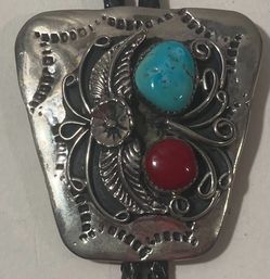 Vintage Metal Bolo Tie, Silver with Nice Turquoise Stones, Flower, Big Size, Nice Western Design, 2" x 2" Quality, Heavy Duty, Made in USA, Country & 