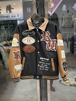 GORGLITTER Men's Letter Graphic Varsity Jacket Long Sleeve Striped Trim Button Bomber Jackets