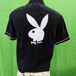 VINTAGE PLAY BOY BLACK BUTTON RAYON SHIRT SIZE MEDIUM 