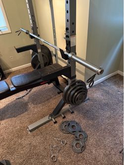 SQUAT/BENCH RACK WITH WEIGHTS BENCH AND DUMBELLS