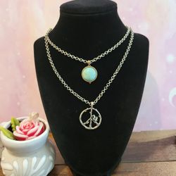 Lucky Brand Two Tone Chain Necklace Faux Turquoise Cabachon Pendant, Nature Peace Sign Pendant 23" F12 