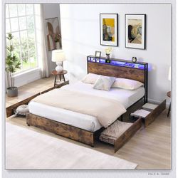 Full Size Bed Frame with Storage Drawers, Charging Ports, & LED Lights