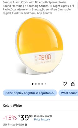Sunrise Alarm Clock with Bluetooth Speaker Noise Sound Machine | 7 Soothing Sounds,11 Night Lights, FM Radio,Dual Alarm with Snooze,Screen-Free Dimmab