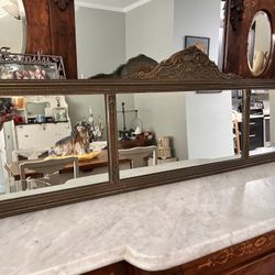 Antique Ornate Tri 3-Panel Mantle Buffet Floral Etched Gesso Wood Wall Mirror 