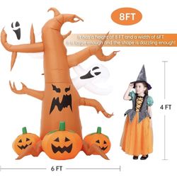 DomKom 8 FT Halloween Inflatable Decorations Spooky Tree with Ghost and Pumpkins, Outdoor Holiday Decor Blow Up Halloween Yard Decor, LED Lights