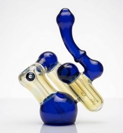 Triple-Chamber Self-Standing Yellow Opalescent Fumed Sherlock Bubbler in Blue