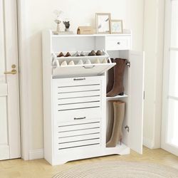 Narrow Shoe Storage Cabinet with 3 Flip Drawers, Doors & Adjustable Shelves - White 