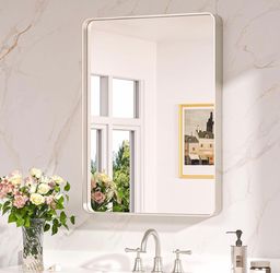 22 X 30 Brushed Nickel Bathroom Mirrors For Over Sink, Rounded Rectangle Bathroom Vanity Mirror, Brushed Silver Framed Farmhouse Mirror, HD Tempered G