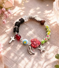 Multi-color Stretchy Beaded Bracelet with Silver charms