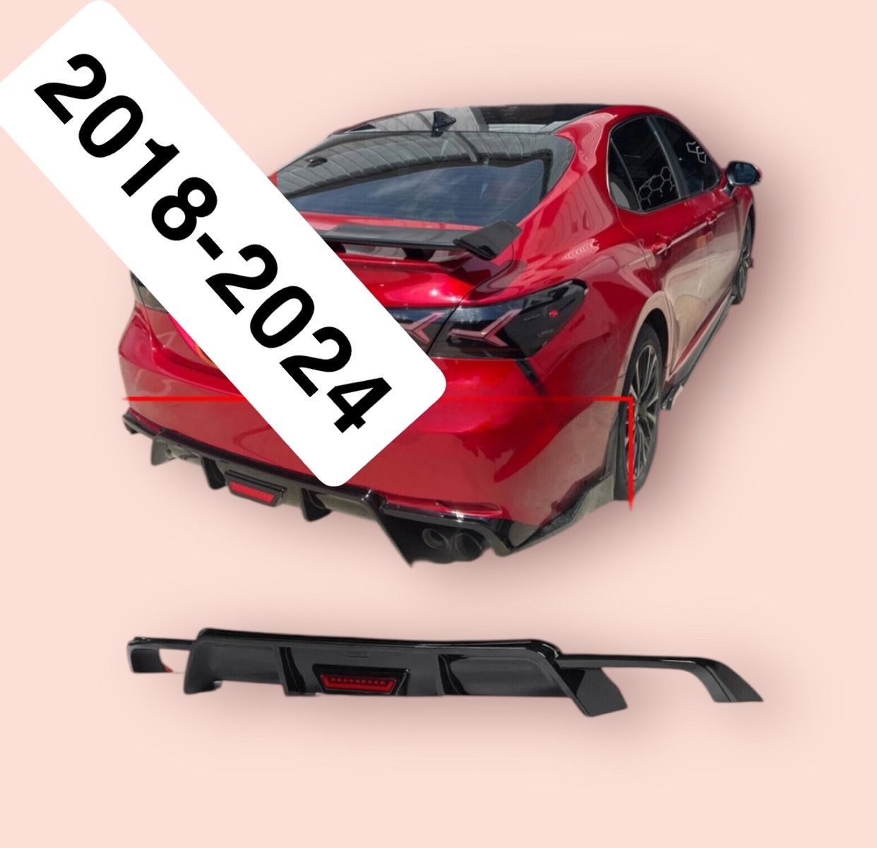 2018-2024 TOYOTA CAMRY SE XSE GLOSSY BLACK REAR BUMPER DIFFUSER W/ LED LIGHT & Trunk spoiler & Lip