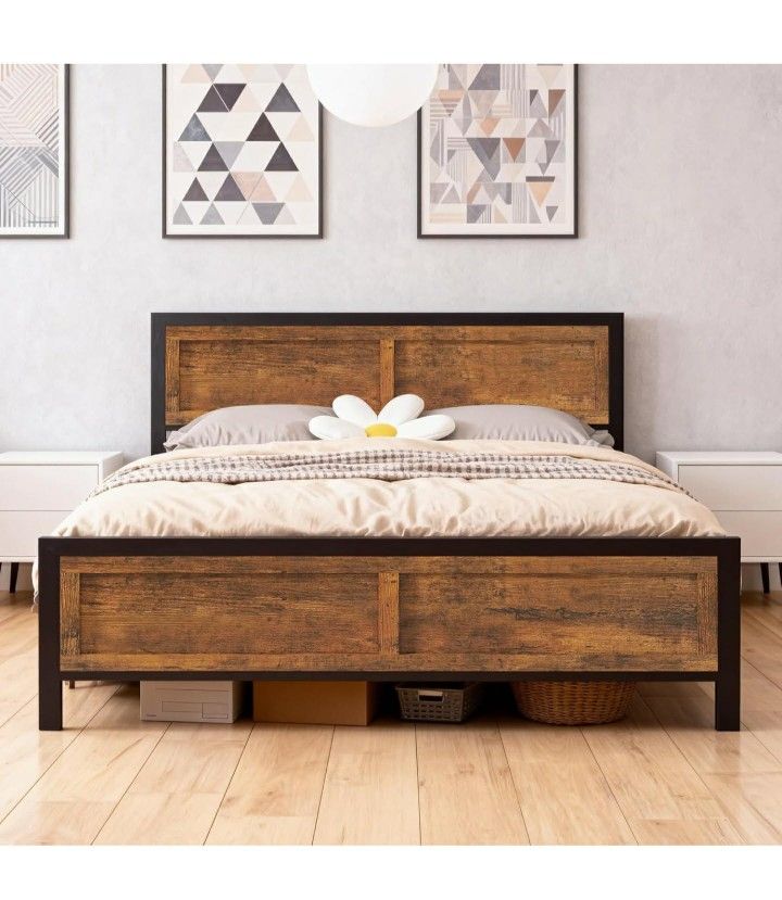 Queen Size Platform Bed Frame with Wooden Headboard and Footboard, Heavy Duty Steel 13 Slat Support(1000LBS), Under Bed Storage, No Box Spring Needed,