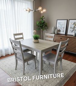 ❇️ Dining Set 5 Pcs, Light Gray Finish Wood, Padded Seat, New in the Box.