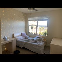 3-piece full bed furniture set (mattress, bed frame, desk, cabinetry)