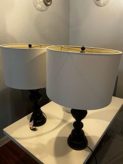Pair of Table Lamps with White Drum Shades