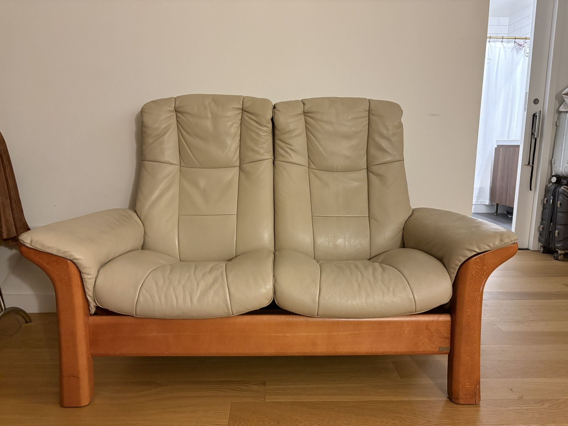 Modern Beige Leather Reclining 2 Seater With Wooden Base