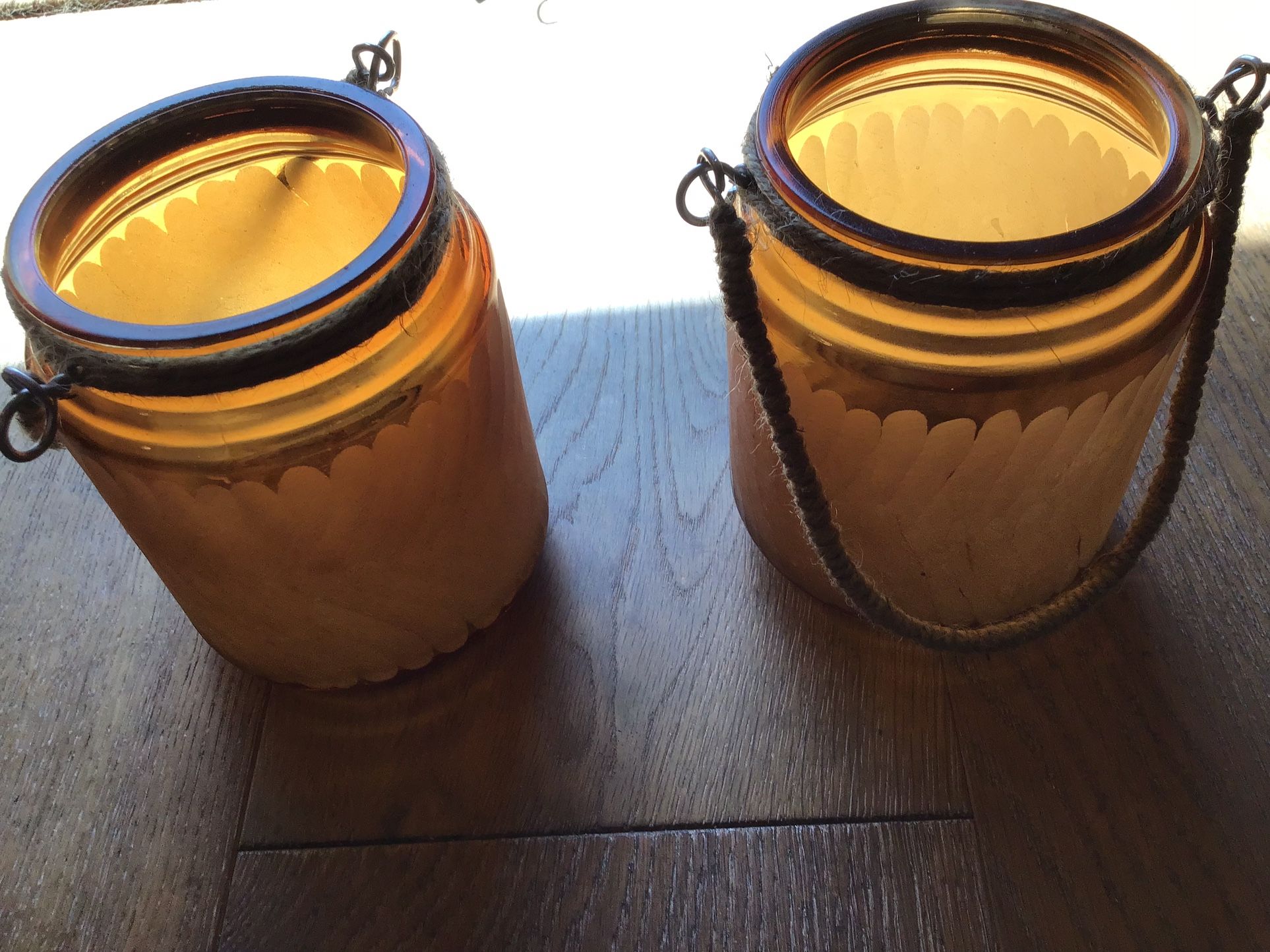 2 Amber Colored Candle Holder With Handle
