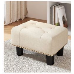 LUE BONA Small Tufted Foot Stool, Beige Linen Rivet Tufted Footrest with Plastic Legs, 9''H, Rectangle Foot Stools(K017)