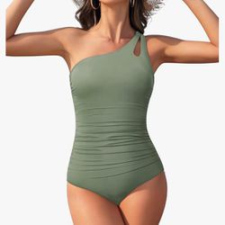 One Shoulder One Piece Swimsuit for Women Tummy Control Bathing Suits Modest Full Coverage Keyhole Swimwear