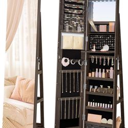 6 LEDs Lockable Mirror Jewelry Cabinet, 360° Swivel Jewelry Organizer, Standing Jewelry Armoire, Frameless Full-Length Mirror, 3 Storage She