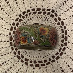 Brass Dome Bangle Bracelet W/ Vibrant Enamel Floral Design