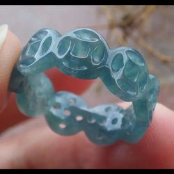 107002 VS Certified JADEITE Jade Hand Carved Blue Green Ring Money Coin size8.5