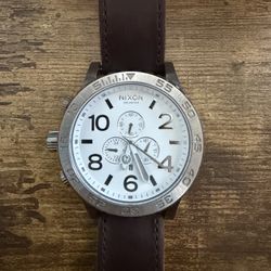 Nixon 51-30 Chrono Watch - Stainless Steel Case w/ White & Silver Dial Display & Genuine Leather Band Strap