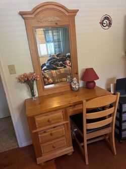 Pine Wood Vanity Desk with Mirror see description
