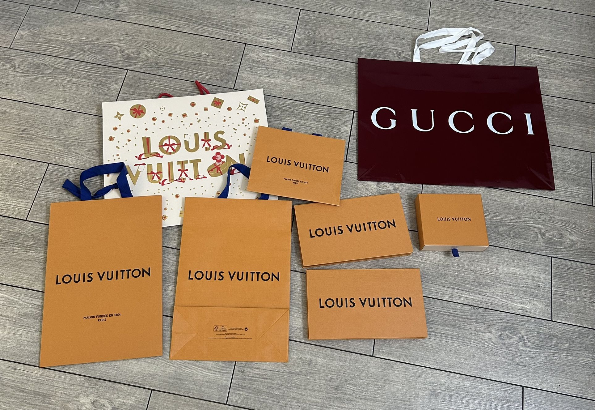 Louis Vuitton And Gucci Shopping Bags And Gift Card Boxes