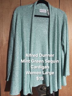 Alfred Dunner Mint Green Sequin Cardigan Large