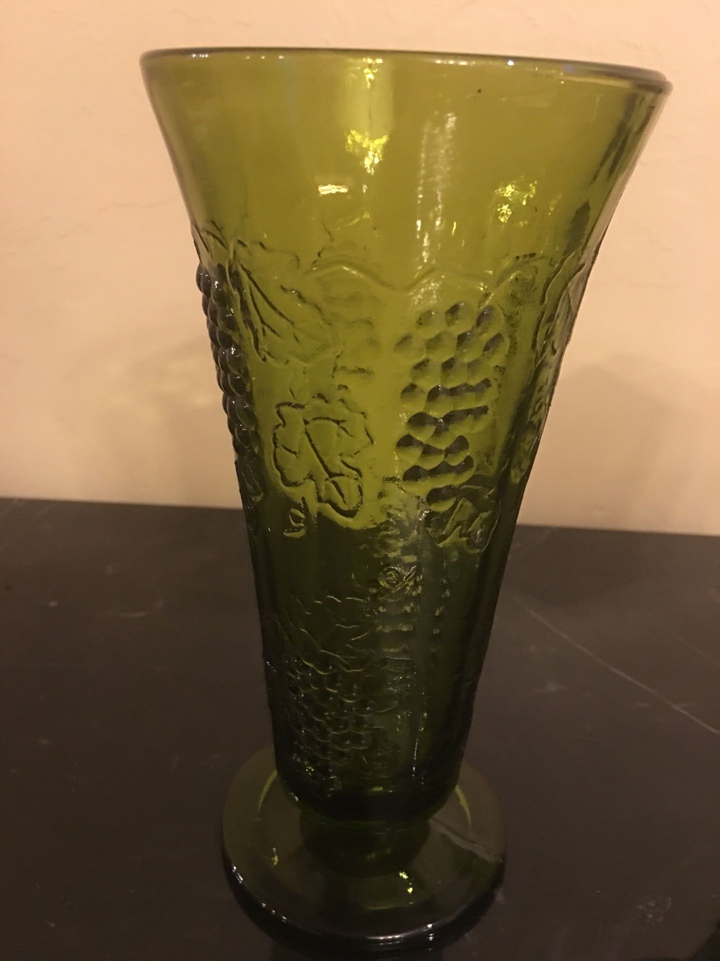 Vintage Green Glass Trumpet Vase WithRaised Grapes Design
