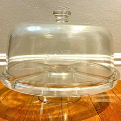 Vintage 3-Piece Glass Convertible Cake Stand & Snack/Veggie Serving Platter w/ Dome Cover