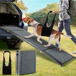 Folding Pet Car Ramp with Non-Slip Rug Surface, Portable Dog Ramp for Cars and SUVs