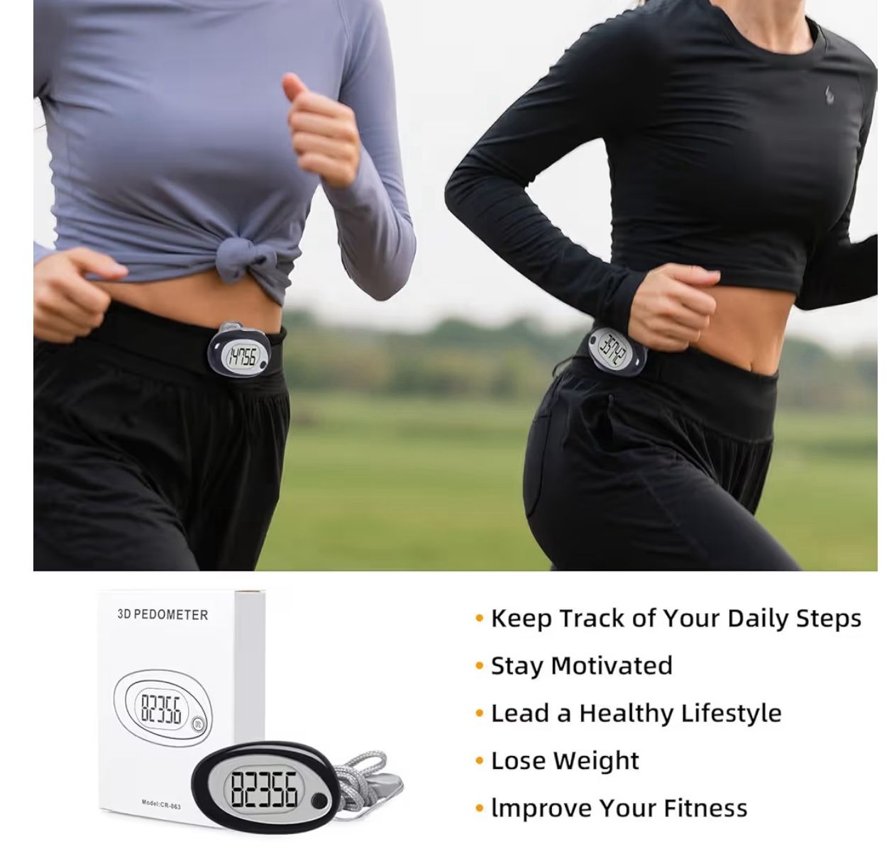 Digital LCD Pedometer, Black and Silver, Step Counter with Display