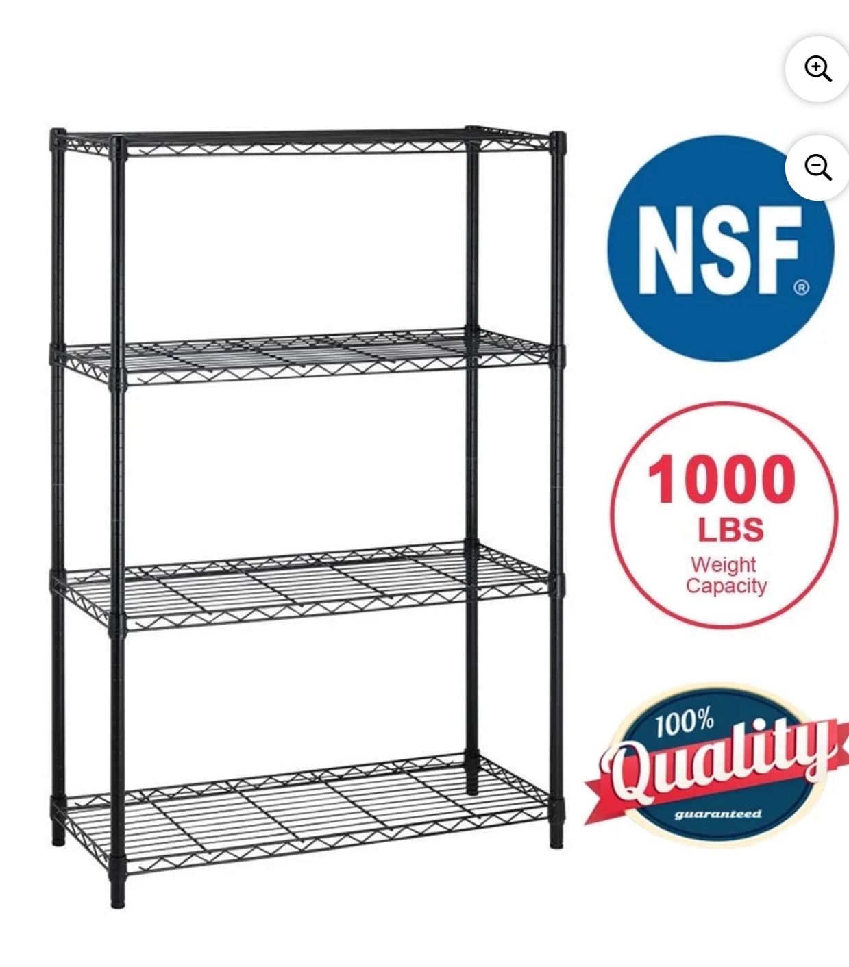 4 Shelf Wire Shelving Unit Garage NSF Wire Shelf Metal Storage Shelves Heavy Duty Height Adjustable for 1000 lbs Capacity Black