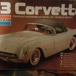 Vintage 1982 Monogram 1/24 scale model kit features an unassembled 1953 Chevy Corvette