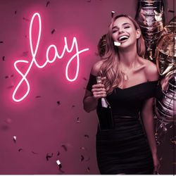 3-4 Slay Neon Sign for Wall Decor, LED Neon Light Sign for Girls Room Bedroom Wedding Birthday Party