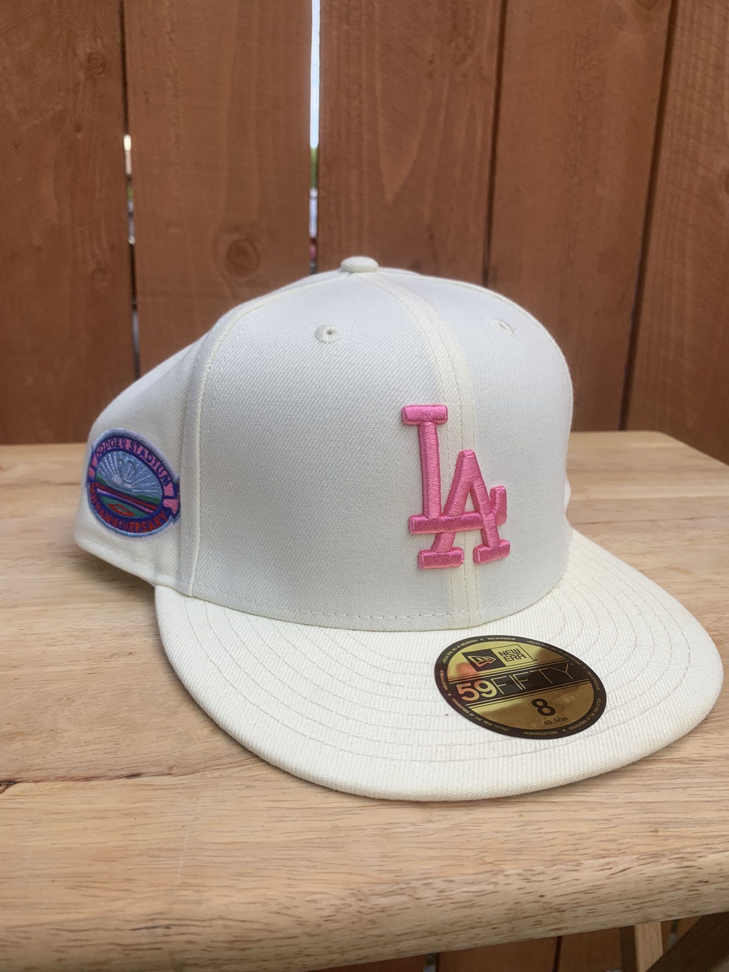 Los Angeles Dodgers Size 8 New Era Fitted Dodger Stadium 50th Anniversary Off White And Pink 59fifty
