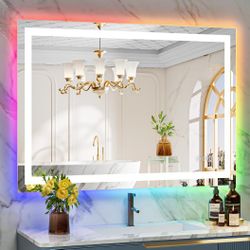 YEELAIT 44x32 Inch RGB LED Bathroom Mirror, Frontlit and RGB Backlit Bathroom Vanity Mirror, Wall Mounted, Dimmable, Anti-Fog, Shatterproof Memory, Wa